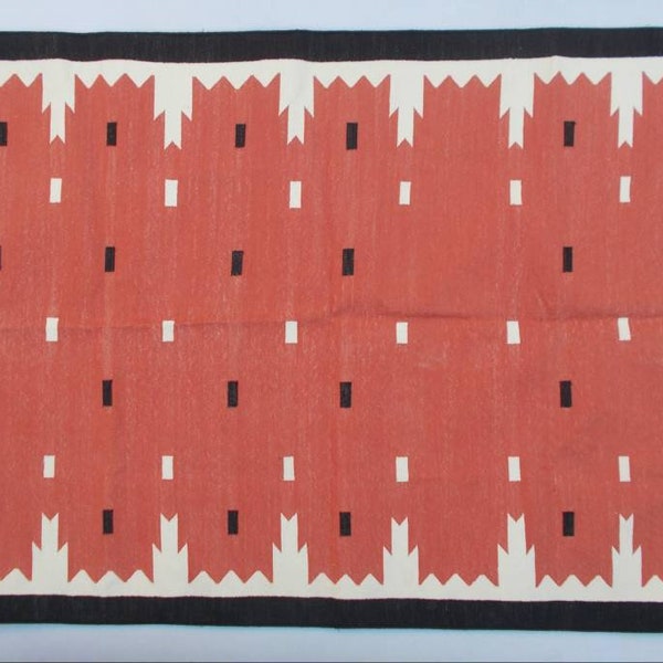 Multiple Sizes Cotton Red, Black And  White  Handmade Cotton Rug Dhurrie- Hand Woven Rug