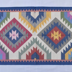 2.5x4 ft. Cotton Colourful Blue Border Hand woven Dhurrie Rug- Carpet Design Kilim Rug