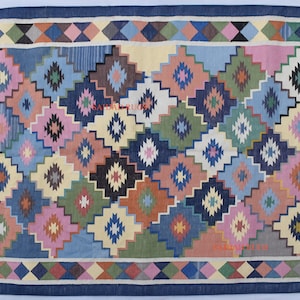 4x6 Cotton Beautiful Hand woven Rug Dhurrie-120 CM x 180 CM Blue Border, Colourful Handmade Indian Rug