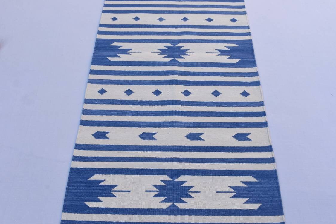 2x6 Cotton Blue and White Hand Woven Rug Dhurrie Beautiful Etsy