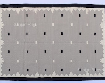Handwoven Cotton Kilim Rug, Grey Black White Modern Flatweave Floor Covering