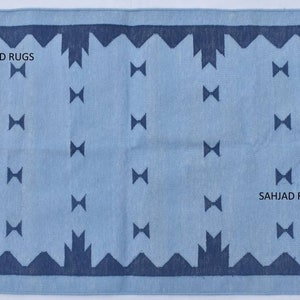 Multiple Sizes Navy Blue and Light Sky Blue Cotton Handmade Modern Rug- Flat weave and Hand woven Kilim Rug