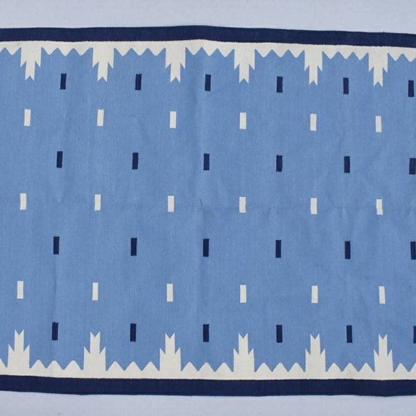 Multiple Sizes Cotton Blue,sky Blue And White Handmade Cotton Rug Dhurrie- Hand Woven Rug