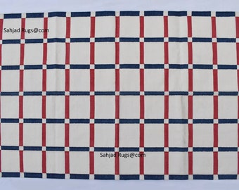 Multiple Sizes Off white, Navy Blue and Red Cotton Handmade Modern Rug- Flat weave and Hand woven Kilim Rug