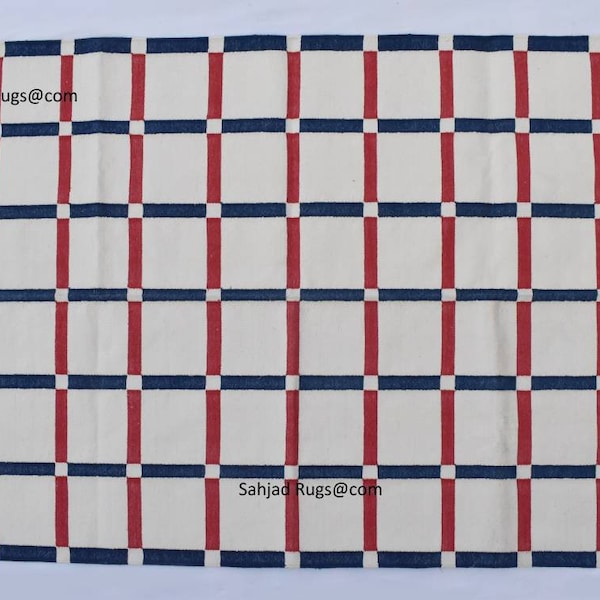 Multiple Sizes Off white, Navy Blue and Red Cotton Handmade Modern Rug- Flat weave and Hand woven Kilim Rug