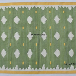 Multiple Sizes Rustic Green and Yellow Cotton Handmade Modern Rug- Flat weave and Hand woven Kilim Rug