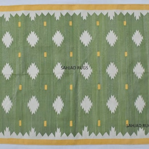 Multiple Sizes Rustic Green and Yellow Cotton Handmade Modern Rug- Flat weave and Hand woven Kilim Rug