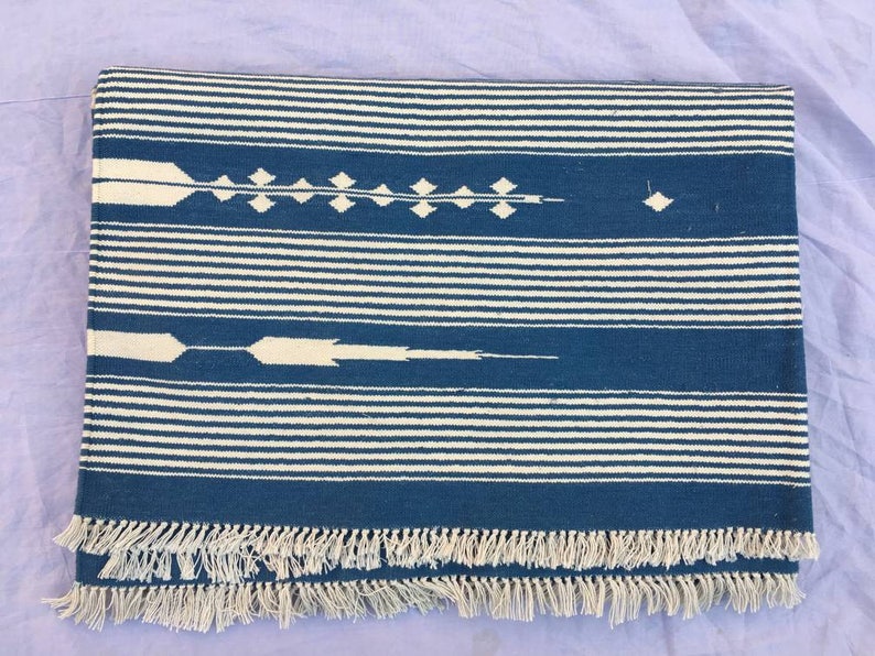 4x6 Denim Stripes Cotton Rug Dhurrie international Shipping | Etsy