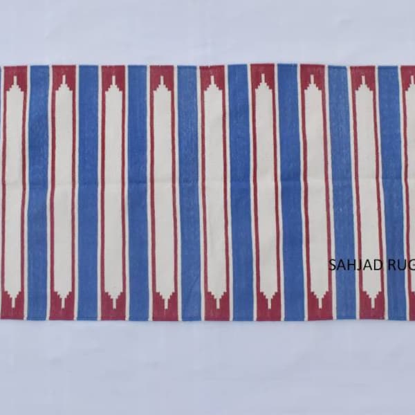 Royal Blue and Red With White Modern Striped Cotton Flat weave Hand woven rug- Reversible Kilim Rug