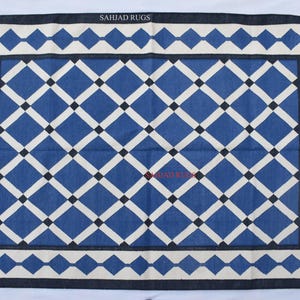 Multiple Sizee Royal Blue, Black and white Cotton Handmade Rug- Flat weave and Hand woven Kilim Rug