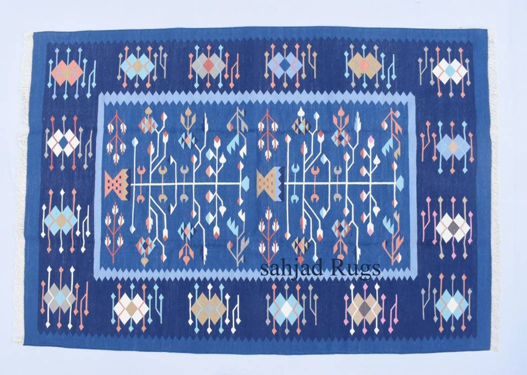 4x6 Cotton Indigo Blue Flat Weave Indian Rug - Royal Premium Design ...