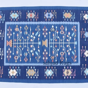 4x6 Cotton Indigo Blue Flat Weave Indian Rug - Royal Premium Design Kilim Carpet,Fully hand woven Dhurrie rug