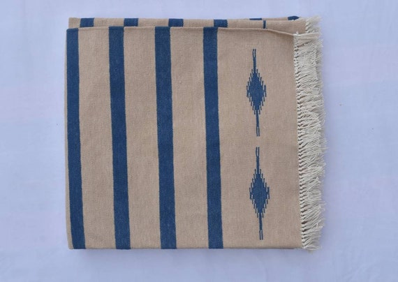 Multiple Sizes Beige & Indigo Blue Cotton Handmade Modern Stripes
