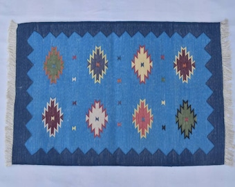 2x3 Small Size Blue Cotton Reversible Modern Hand Woven 60*90 CM Rug.