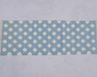 Multiple Sizes Light Blue And White Rug Runner- Hand woven Runner