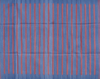 May include: A blue and red striped rug with a fringed edge. The rug has a subtle pattern of small red shapes.