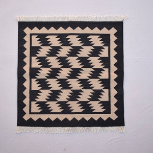 Square Black & Beige Cotton Hand Woven zig-zag Style Square Handmade Rug- Multiple SIZES
