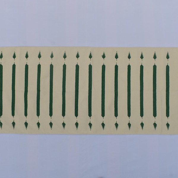 Green Handwoven Cotton Rug – White Striped Kilim Runner, minimalist Dhurrie, Chevron modern Indian carpet