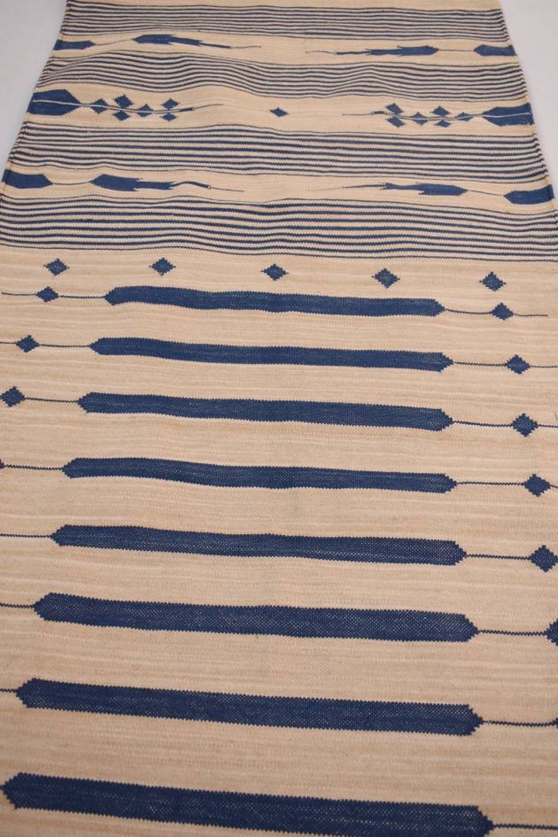 Multiple Sizes Cotton Beige and Blue Modern Stripes Runner Rug Woven Kilim Rug image 7