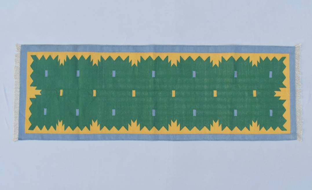 Green And Yellow Modern Cotton Runner Rug - Hand woven Runner Rug Kilim