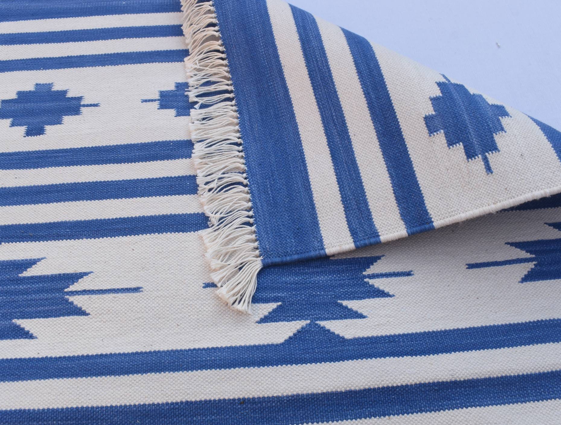 2x6 Cotton Blue and White Hand Woven Rug Dhurrie Beautiful Etsy