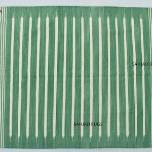 Multi Sizes Rustic Green and White Stripes Cotton Handmade Modern Kilim Rug.