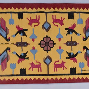 3x5 Cotton Hand Woven Golden Yellow and Red Rug - Traditional design Hand woven Reversible Dhurrie Rug Kilim