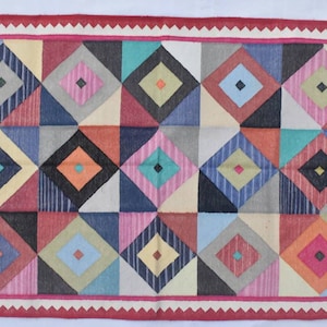 3x5 Cotton Beautiful Red Border with Mix Colourful Hand woven Dhurrie Rug- Carpet Design Kilim Rug