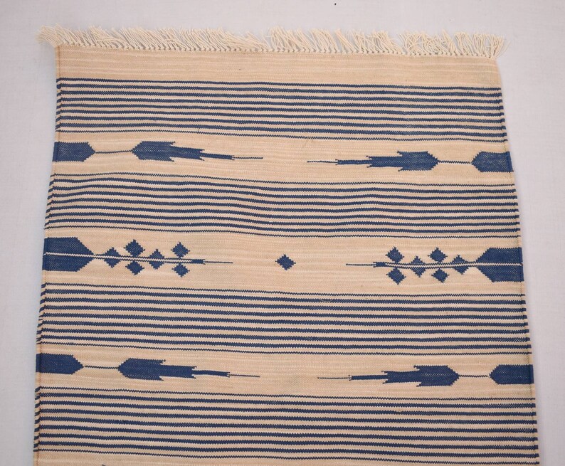 Multiple Sizes Cotton Beige and Blue Modern Stripes Runner Rug Woven Kilim Rug image 5
