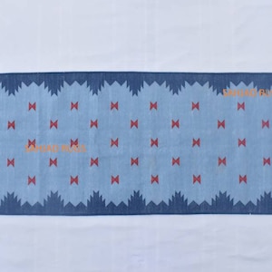 Multiple Sizes Cotton Navy Blue And Sky blue With Red Modern  Hand woven Runner Rug- Reversible Runner Kilim