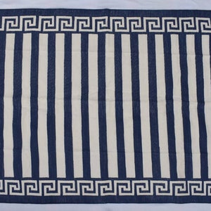 Multiple Sizes Dark Navy Blue& white Cotton Handmade Modern Stripes Rug- Flat weave and Hand woven Kilim Rug