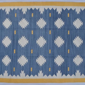 Multiple Sizes Blue,Yellow and white  Cotton Handmade Modern Rug- Flat weave and Hand woven Kilim Rug