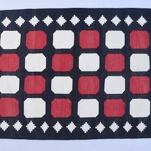 Black and Red Cotton Handmade Modern Pattern Rug- Flat weave and Hand woven Kilim Rug