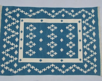 Multiple Sizes Indigo Blue Cotton Rug Dhurrie - Beautiful Colour Rug - Indigo Blue And White