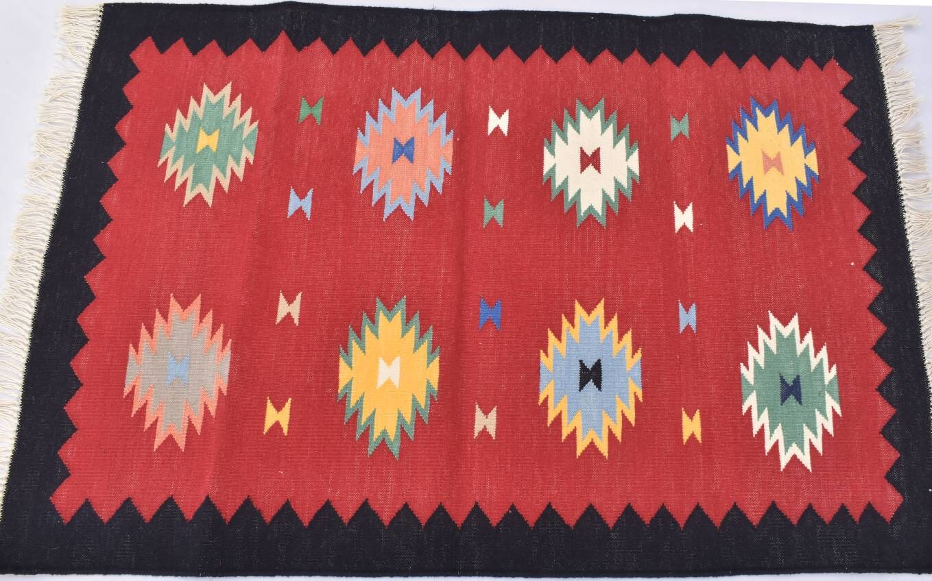 2x3 Small Size Colorful Cotton Rug Dark Red Border Hand Woven 
