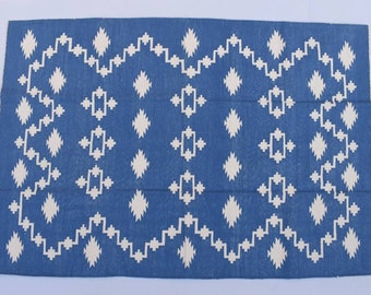 Tapis dhurrie bleu indigo tissé à la main, tapis indien en coton 4 x 6
