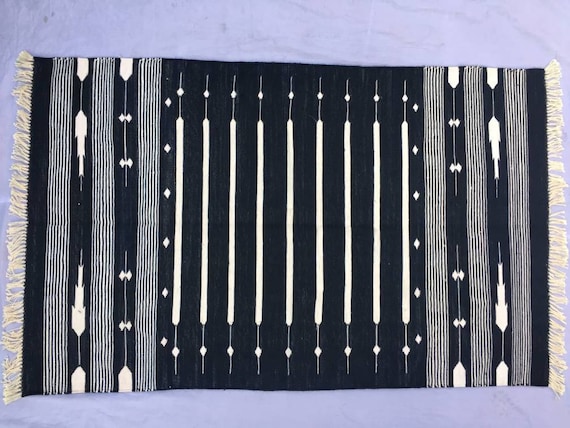 3x5 Black and White Cotton Rug dhurrie- Stripes Rug | International Shipping in 7 days