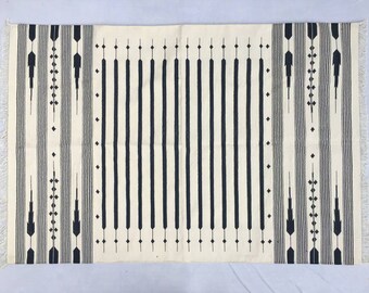 8x10 White And Black Striped Handmade Cotton Rug Dhurrie- Different Sizes
