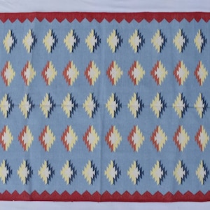 Multiple Sizes Light Blue With Red Border Cotton Handmade Kilim Rug - Flat weave and Hand woven Reversible Kilim Rug