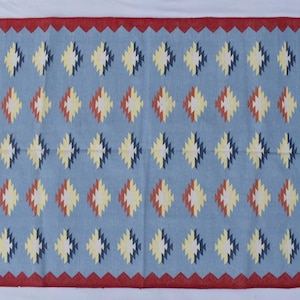 Multiple Sizes Light Blue With Red Border Cotton Handmade Kilim Rug - Flat weave and Hand woven Reversible Kilim Rug