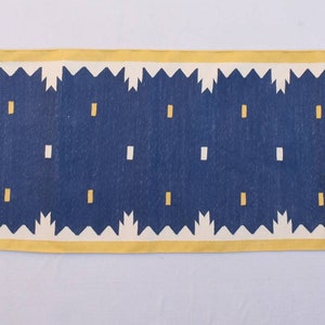 Blue and Yellow Modern Cotton Runner Rug - Hand woven Runner Rug Kilim