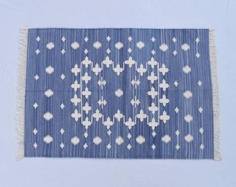 2x3 Cotton Blue Modern Hand Woven Small Size Rug- Handmade Kilim Rug