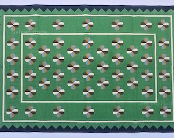 Cotton Green Handmade Flower Design Rug- Flat weave Reversible Kilim Rug