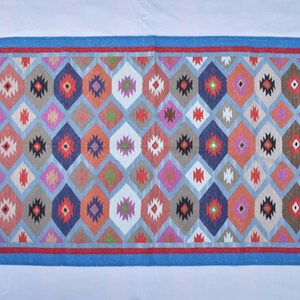 3x5 Cotton Blue Border Hand woven Dhurrie Rug- Carpet Design Kilim Rug