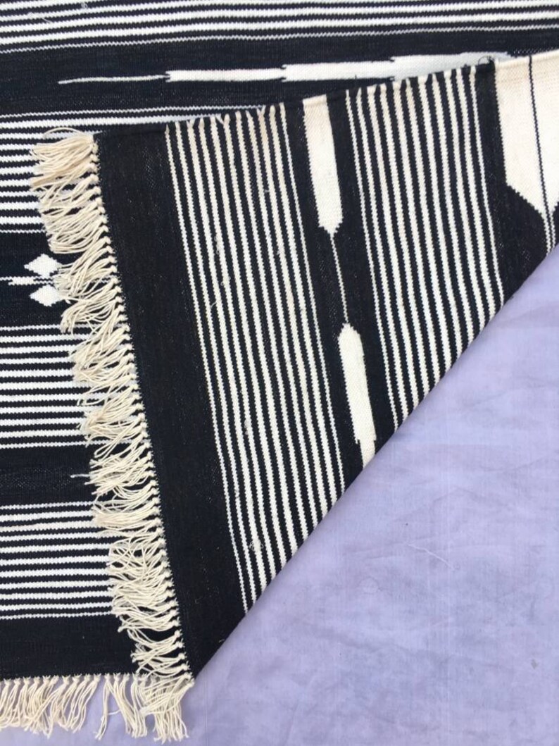 4x6 Black and White Cotton Rug Dhurrie White Stripes Etsy