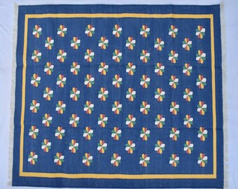 Square Sizes Indigo Blue Cotton Handmade Flower Design Rug- Flat weave and Hand woven Kilim Rug