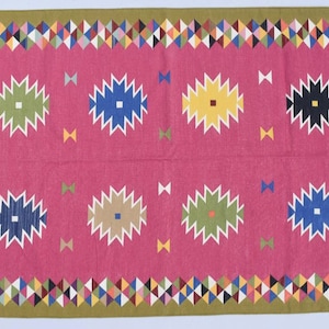4x6 Ft. Cotton Beautiful Hand woven Rug Dhurrie-  120 CM x 180 CM ,Green Border and Pink with  Colourful Handmade Indian Rug