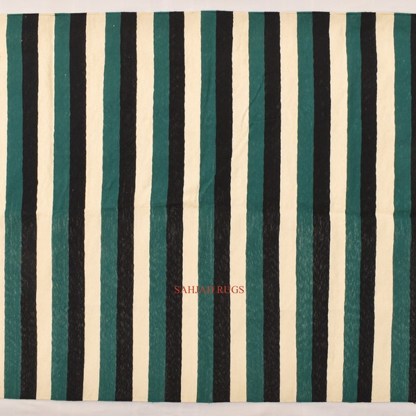 Multiple Sizes Rama Green with black and white Cotton Handmade Modern Stripes Rug- Flat weave and Hand woven Kilim Rug