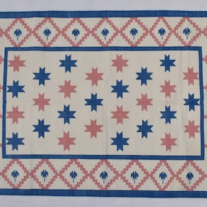 Multiple Sizes Light Peach, Royal Blue and White cotton Handmade Modern Rug- Flat weave and Hand woven Kilim Rug