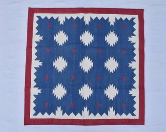 Square Sizes Indigo Blue,Red and White Cotton Handmade Modern Rug- Flat weave and Hand woven Kilim Rug